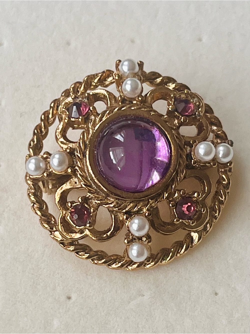 Vintage Style Faux Amethyst & Pearl Gold Tone Brooch Pin • Victorian Revival